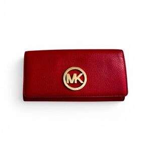 Michael Kors Red Leather Continental Wallet with Gold MK Emblem